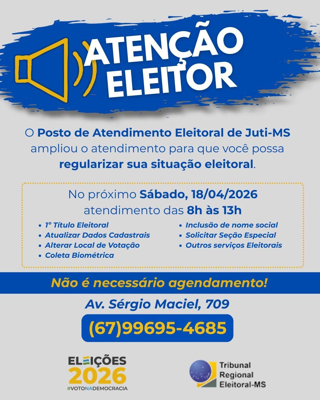 O Posto de Atendimento Eleitoral estará com atendimento ampliado neste sábado