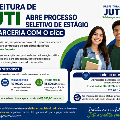 Prefeitura de Juti abre processo seletivo de estágio em parceria com o CIEE