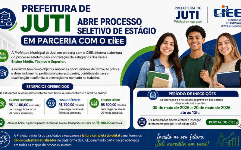 Prefeitura de Juti abre processo seletivo de estágio em parceria com o CIEE