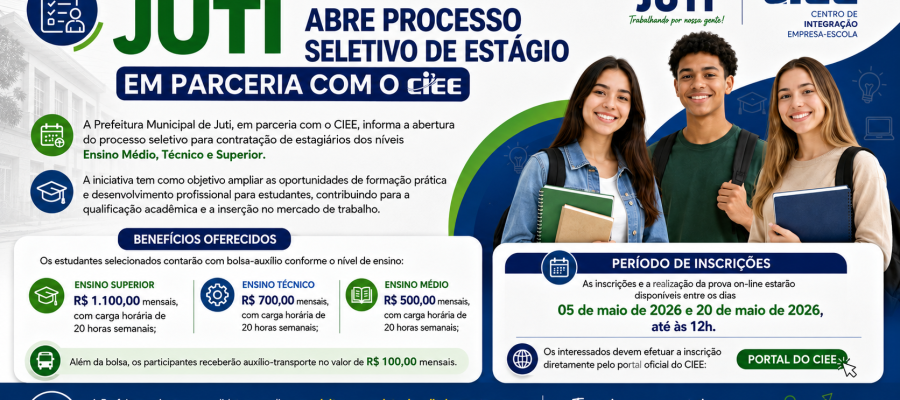 Prefeitura de Juti abre processo seletivo de estágio em parceria com o CIEE