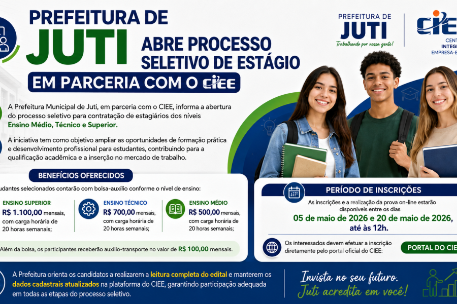Prefeitura de Juti abre processo seletivo de estágio em parceria com o CIEE